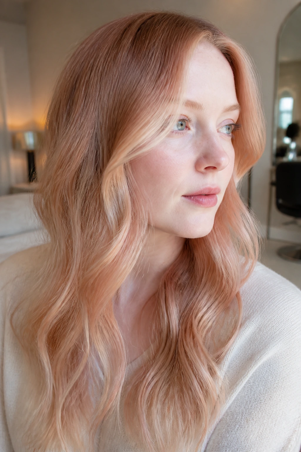 Close-up portrait of a real woman with frosted strawberry ombre on ultra-pale skin