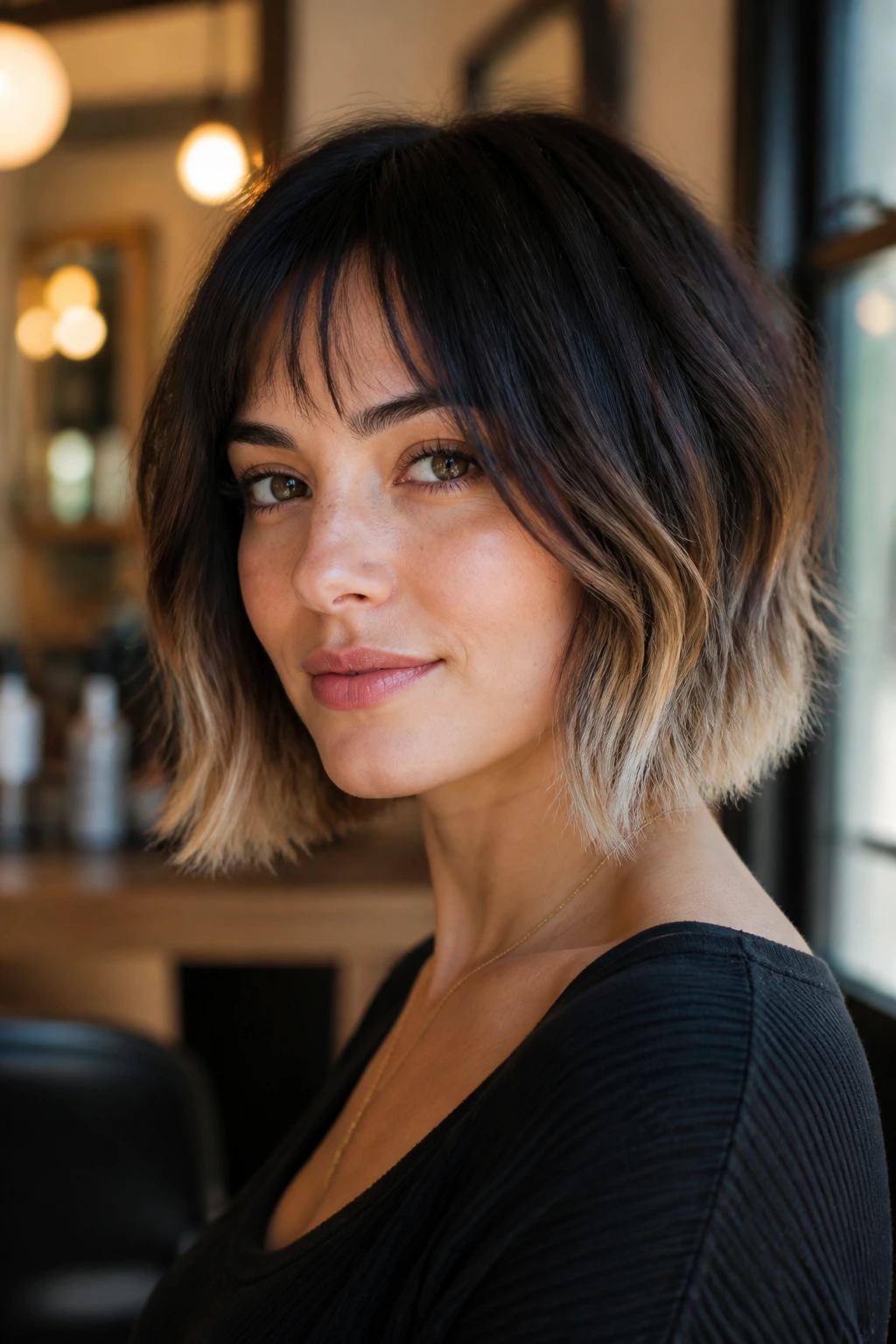 Close-up of a real woman with a frosted tips French bob, dark roots and blunt ends.