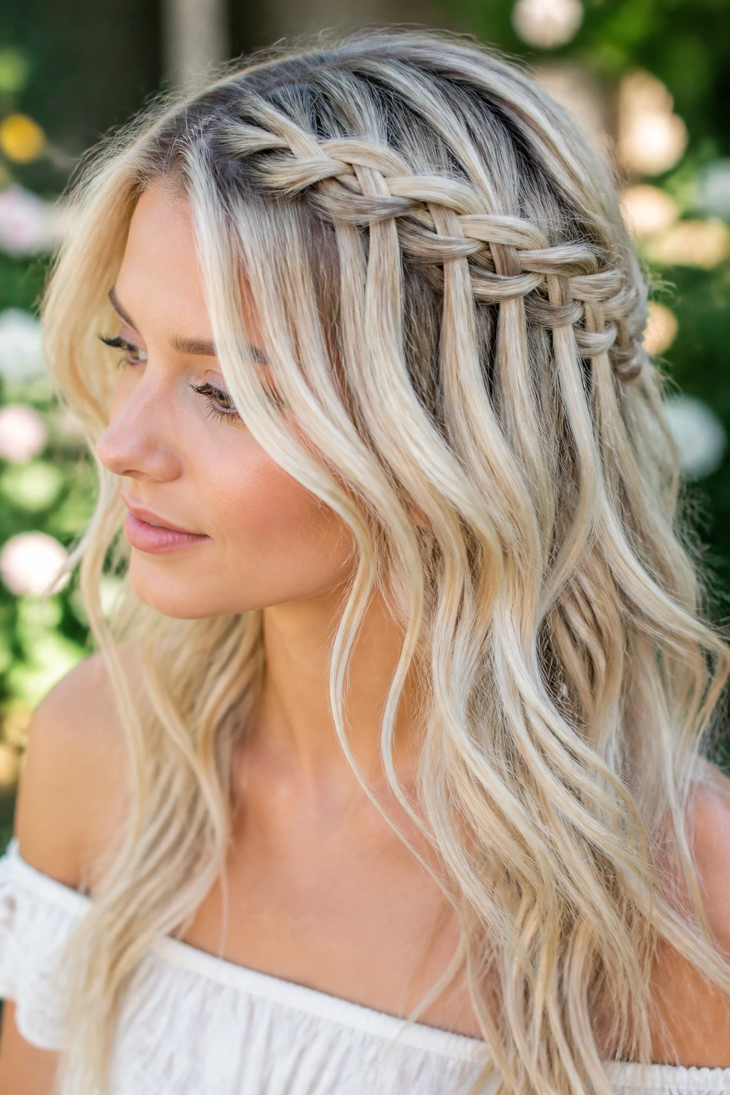 Close-up of a real woman with frosted waterfall braid.