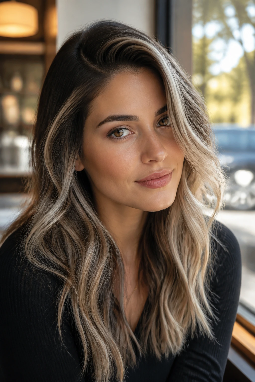 Real woman with frosted waves and a deep side part on dark hair