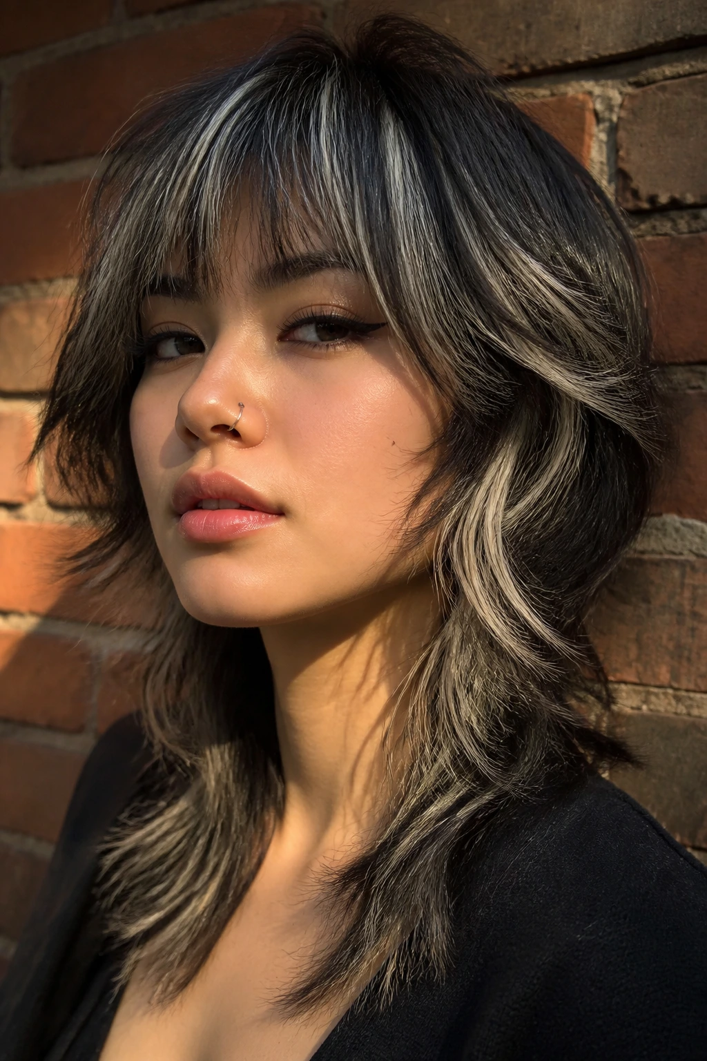 Real person with frosted wolf cut against brick wall in warm light