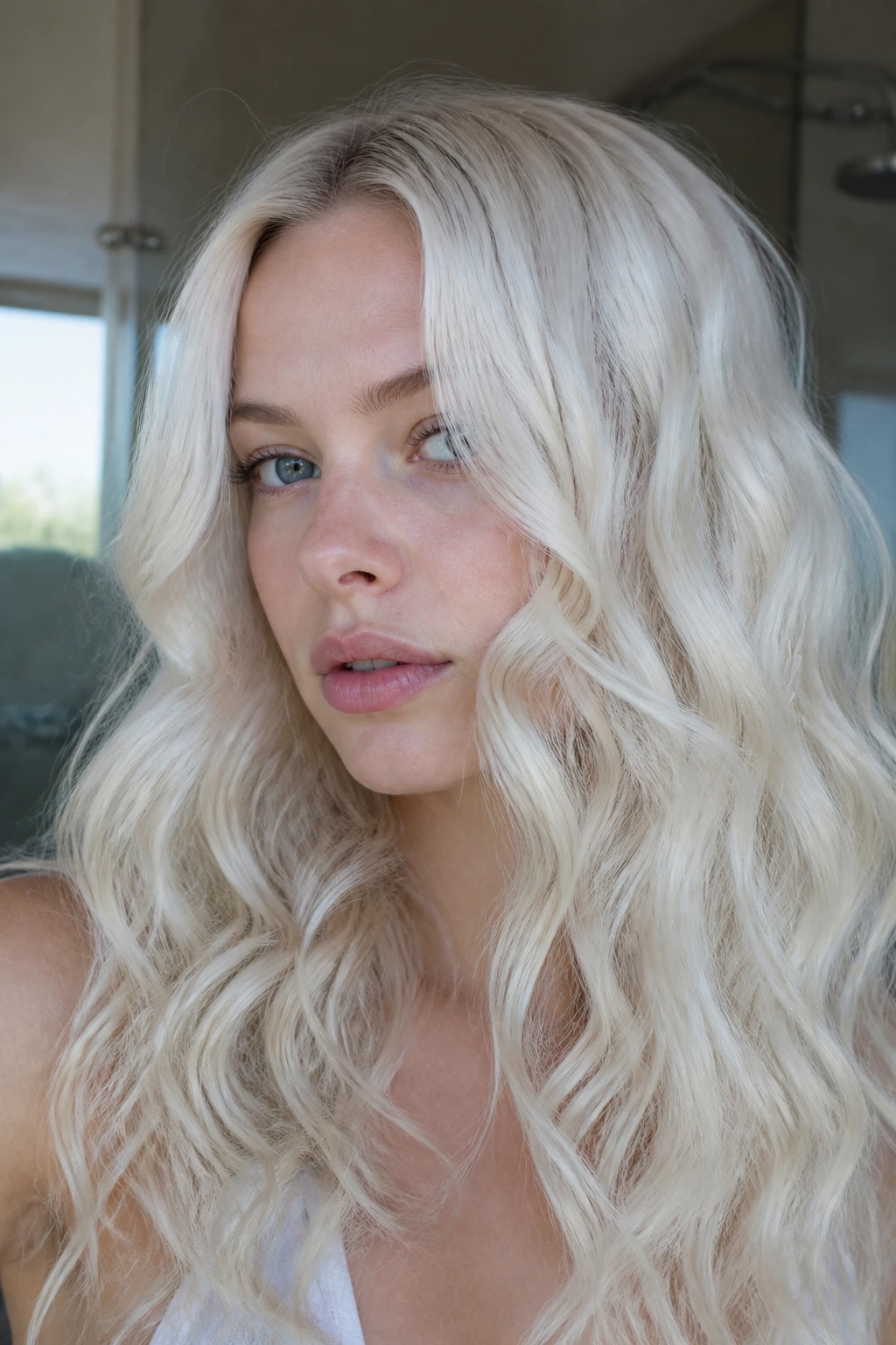 Close-up of a real woman with soft icy blonde waves in bathroom light