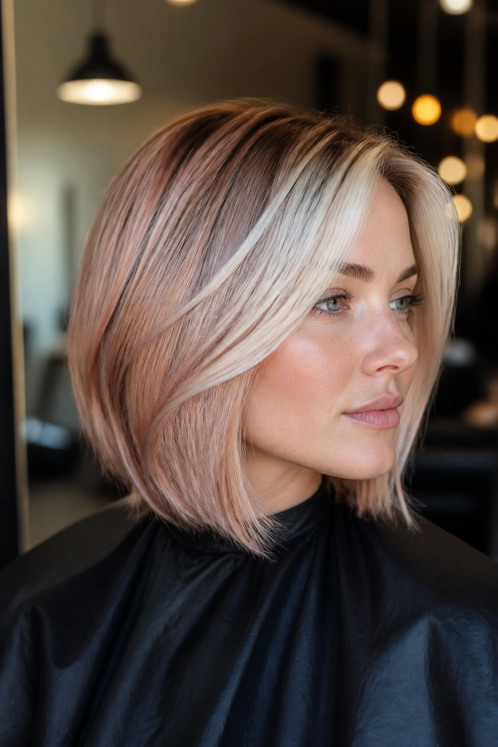 Close-up portrait showing white contour highlights and rose-gold edges on a real woman