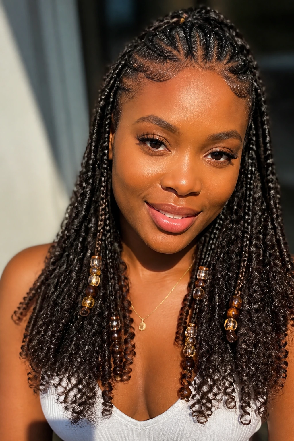 Close-up of Fulani-inspired beads half braids on a real woman with curly length.
