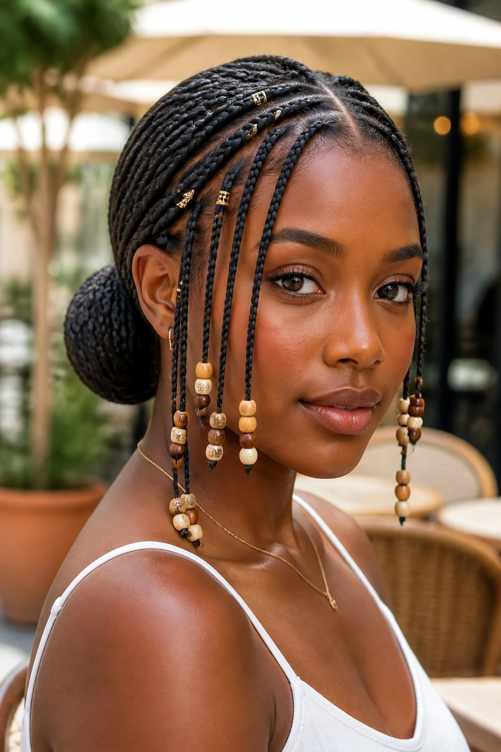 Close-up of Fulani low bun with front beaded braids on a real person in warm outdoor light