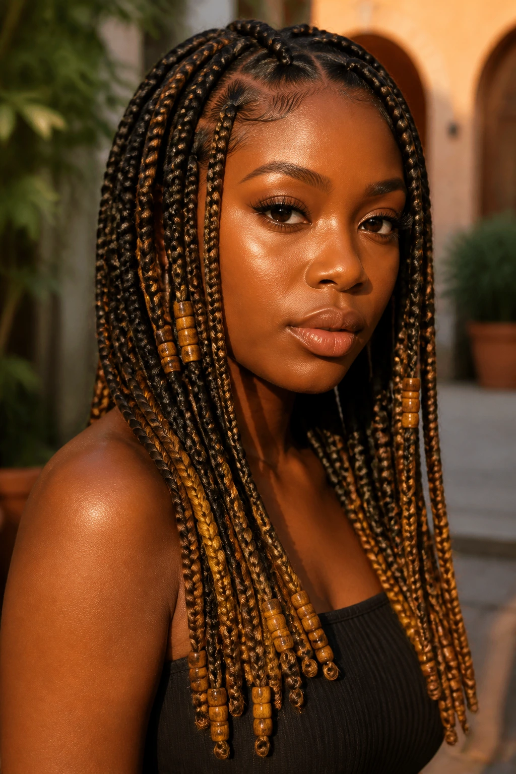 Portrait of a real woman with amber-dipped Fulani braids in warm courtyard light
