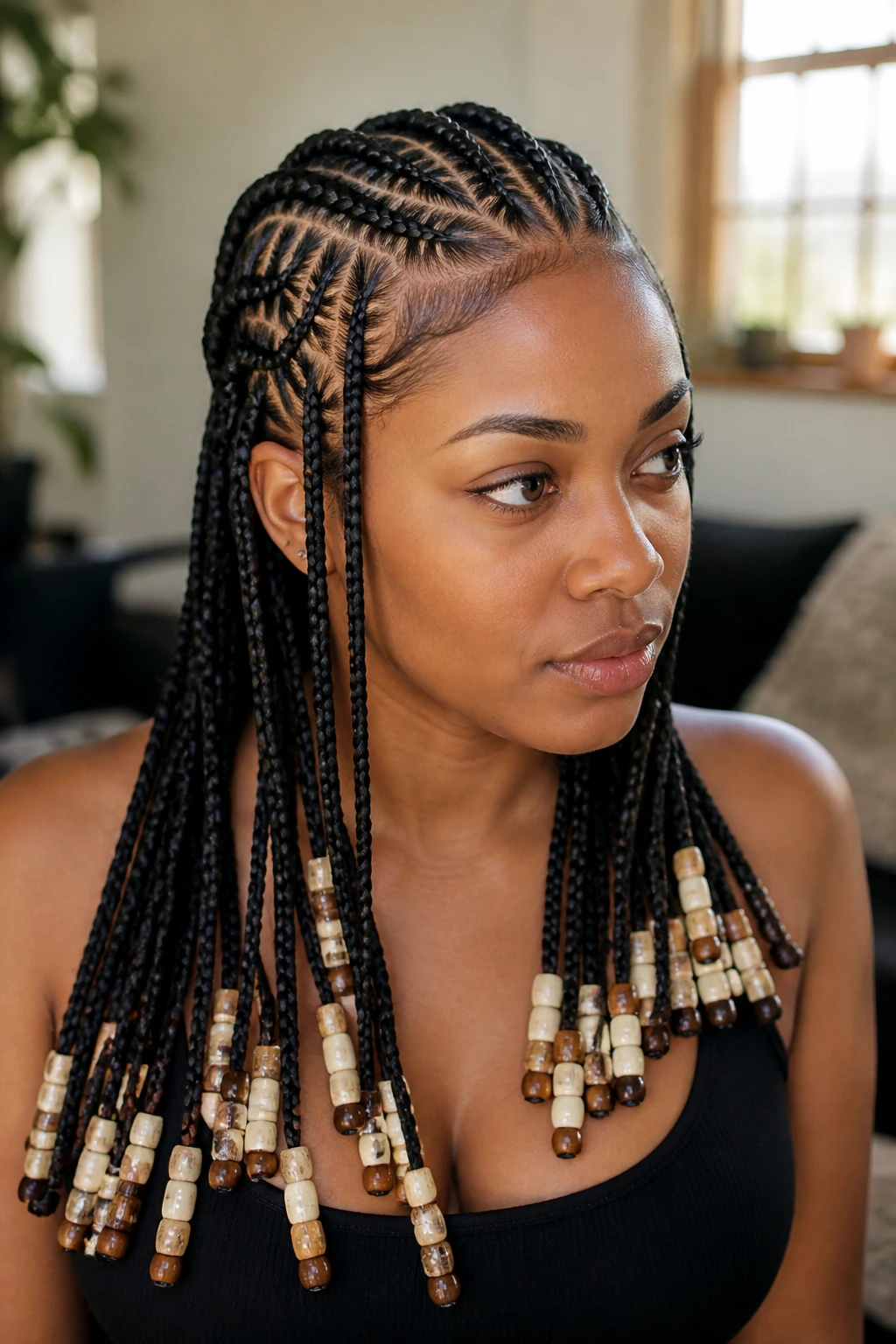 Close-up of Fulani braids with beads on a real person