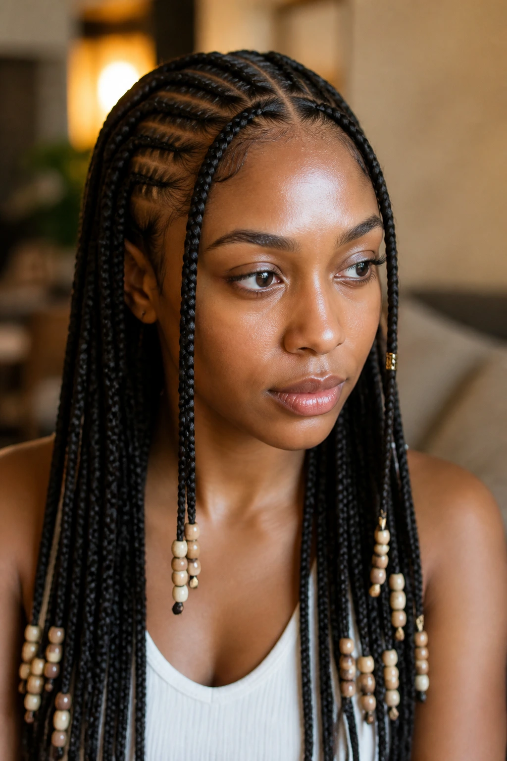 Real person with Fulani braids and beads at the ends
