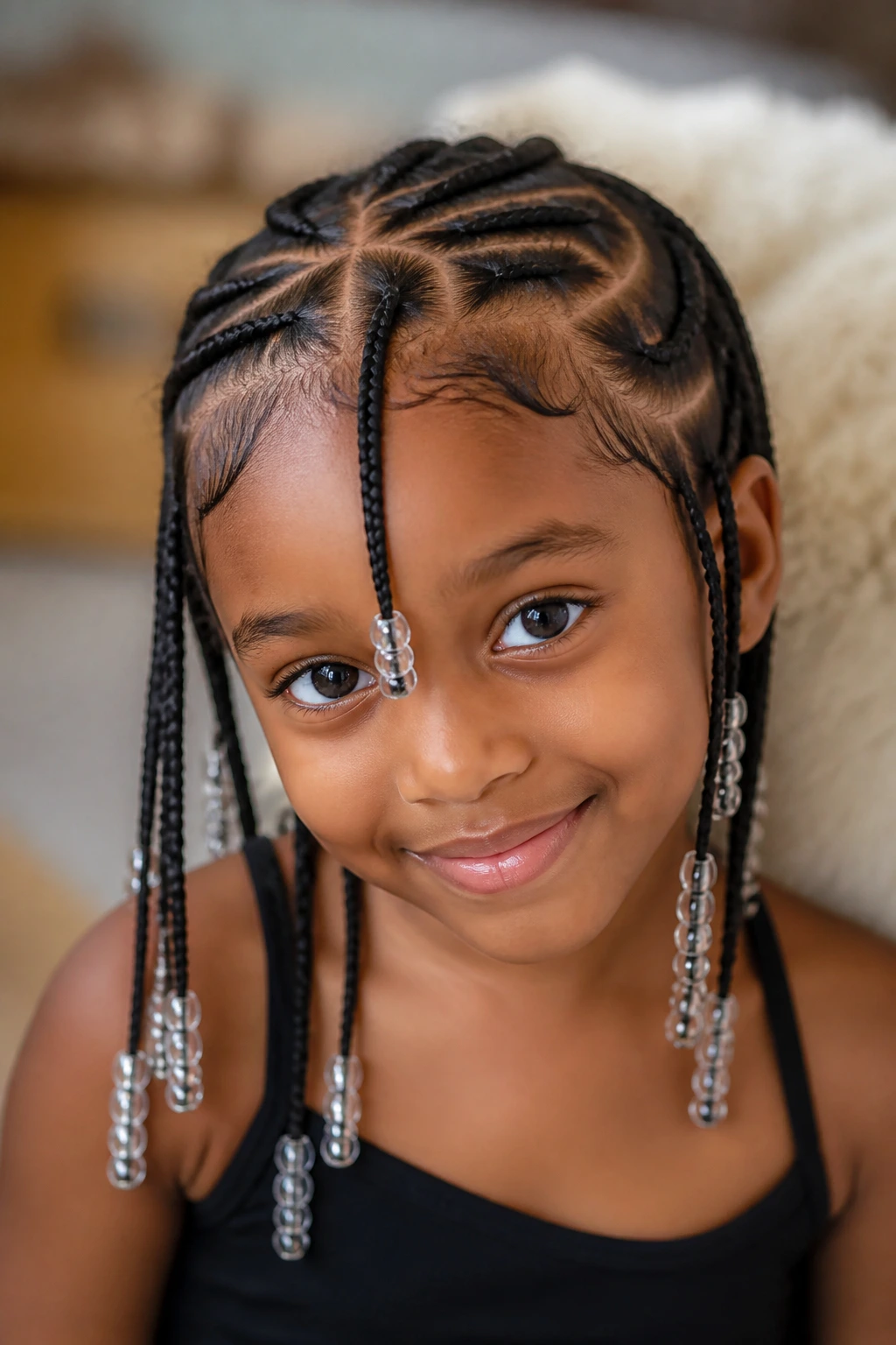 Close-up of a child with Fulani braids and lightweight beads