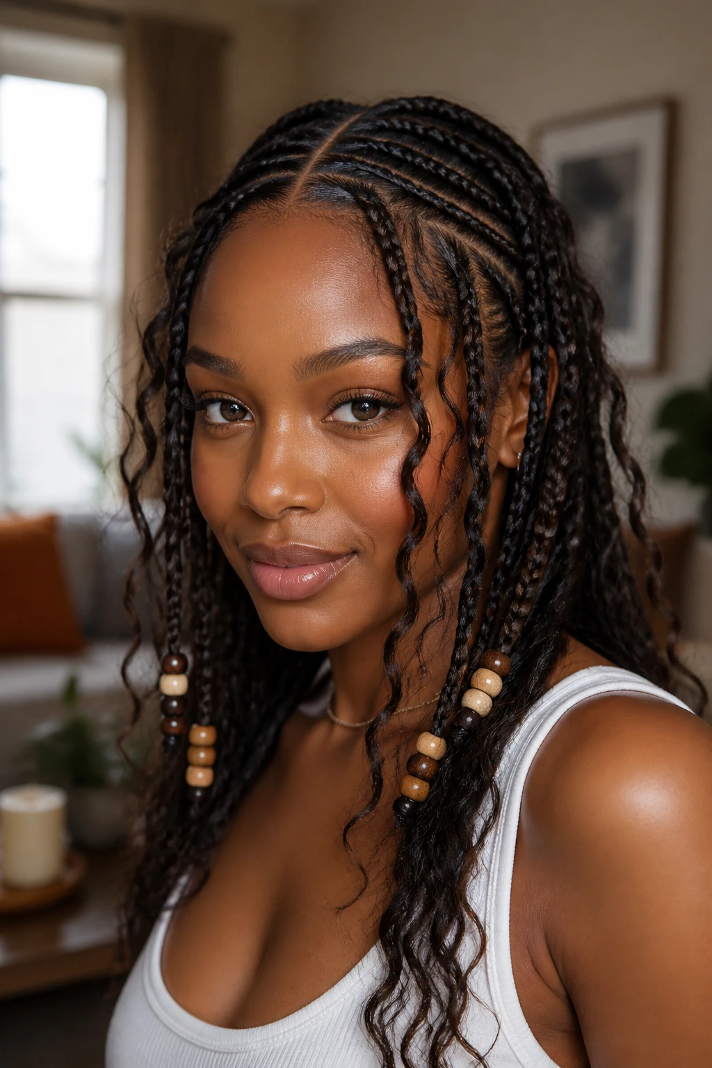 Close-up of a real woman wearing Fulani braids with beads and soft curls framing the face