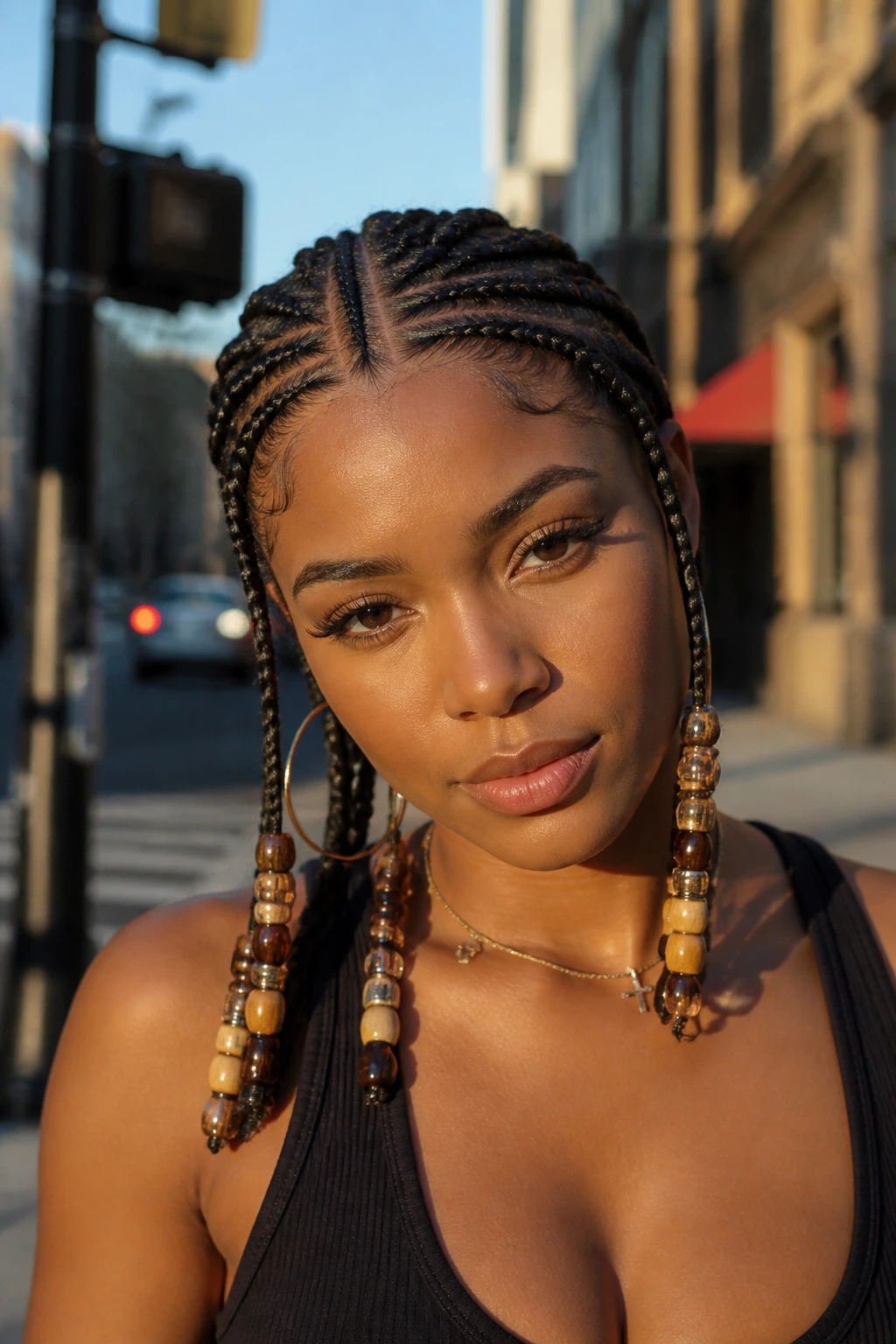 Close-up of curved Fulani braids with beaded ends on a real person