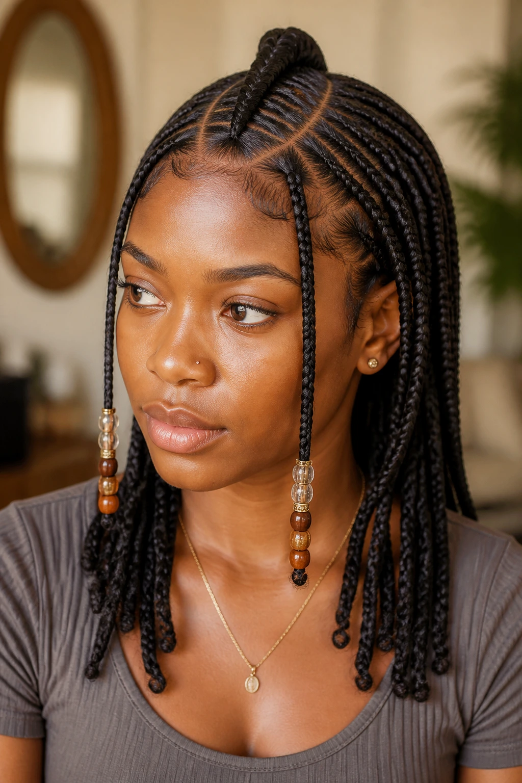 Close-up of Fulani-style braids with beaded front pieces