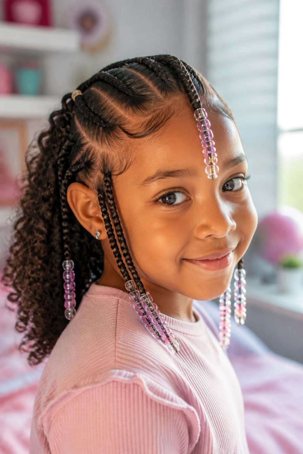 Young girl with Fulani braids and beads at the ends, portrait-style indoors.