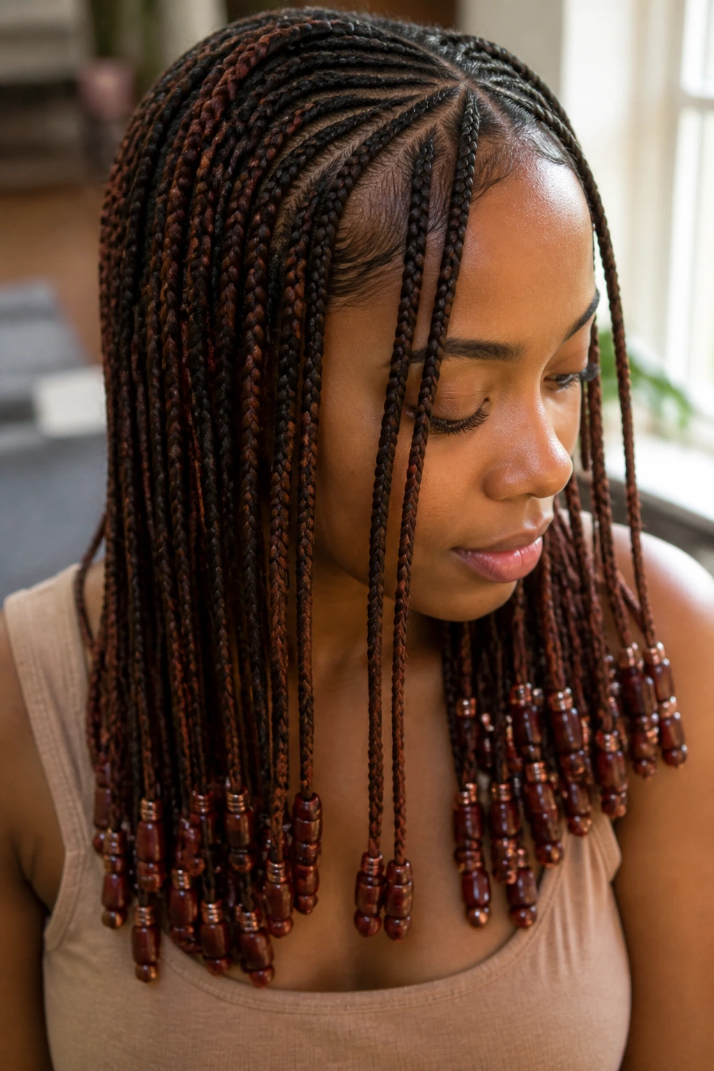Close-up Fulani braids mahogany beads