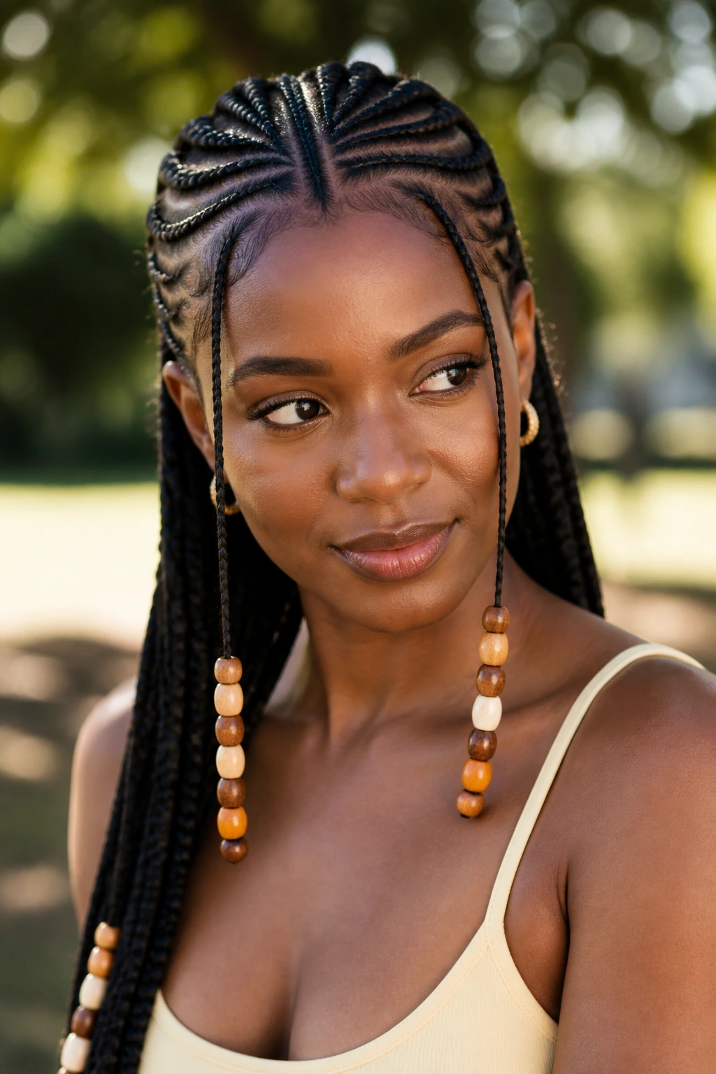 Close-up portrait of a real woman with Fulani braids beads