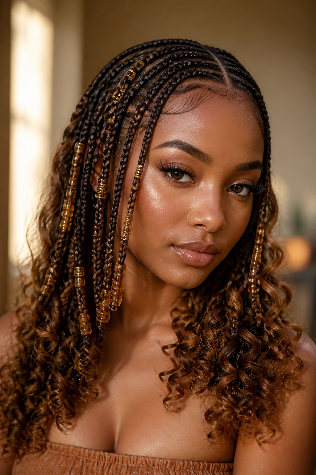Close-up of Fulani braids with curly ends and caramel highlights on a real person.