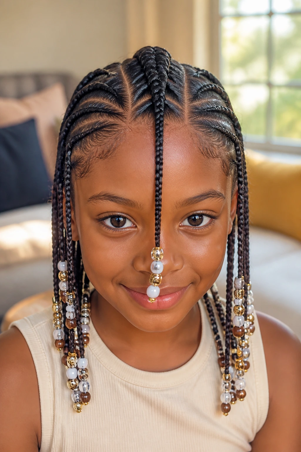 Close-up of a real child’s head showing Fulani-inspired braids with a center detail and beads in natural light