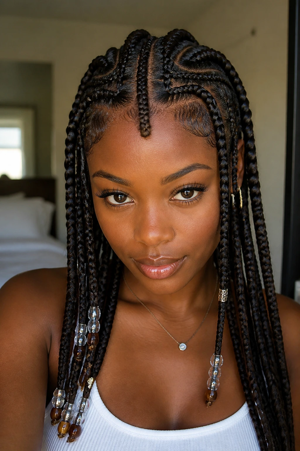 Close-up of a real woman with Fulani braids centered and beads at the ends