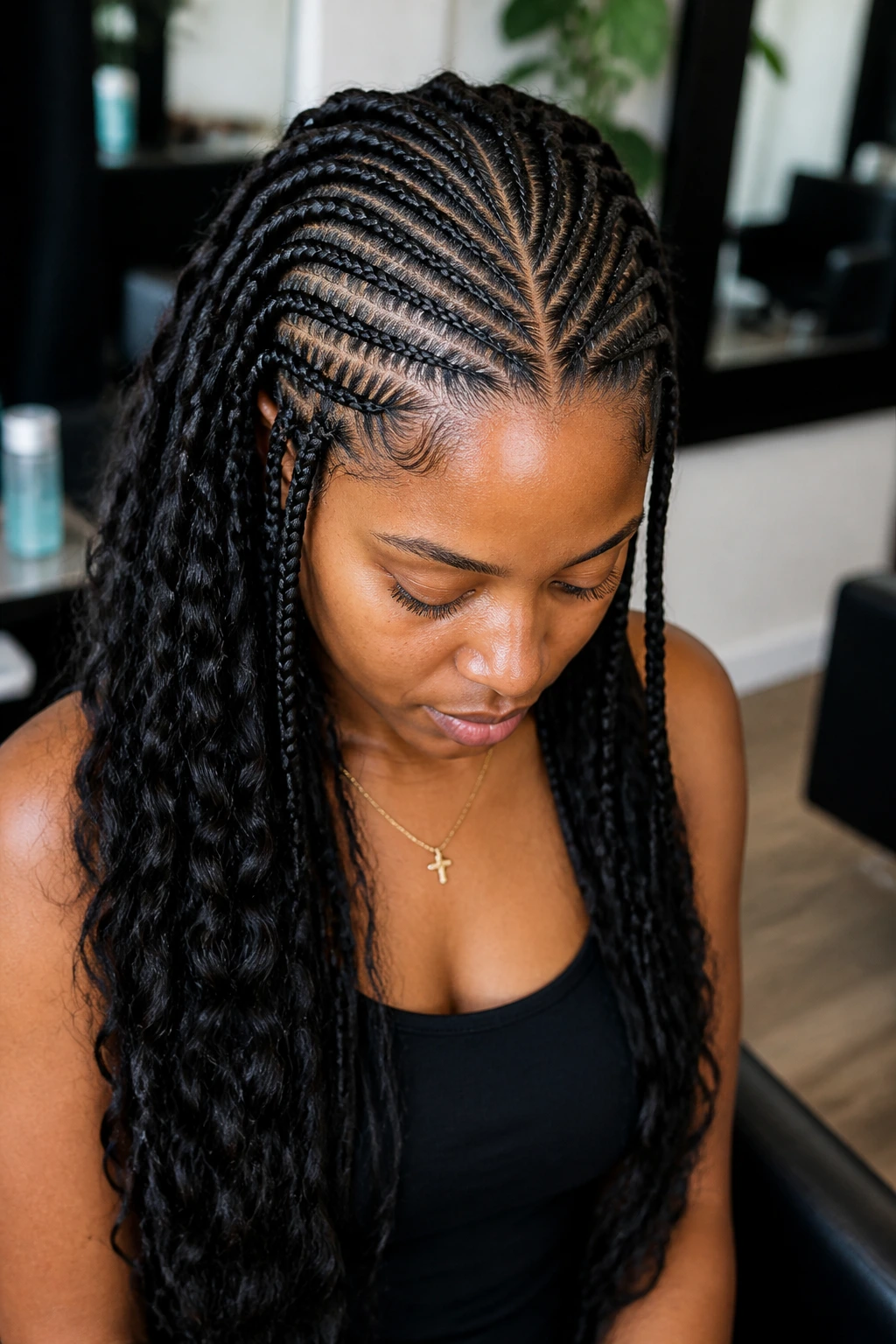 Close-up of a real woman with Fulani braids and a center path in a salon