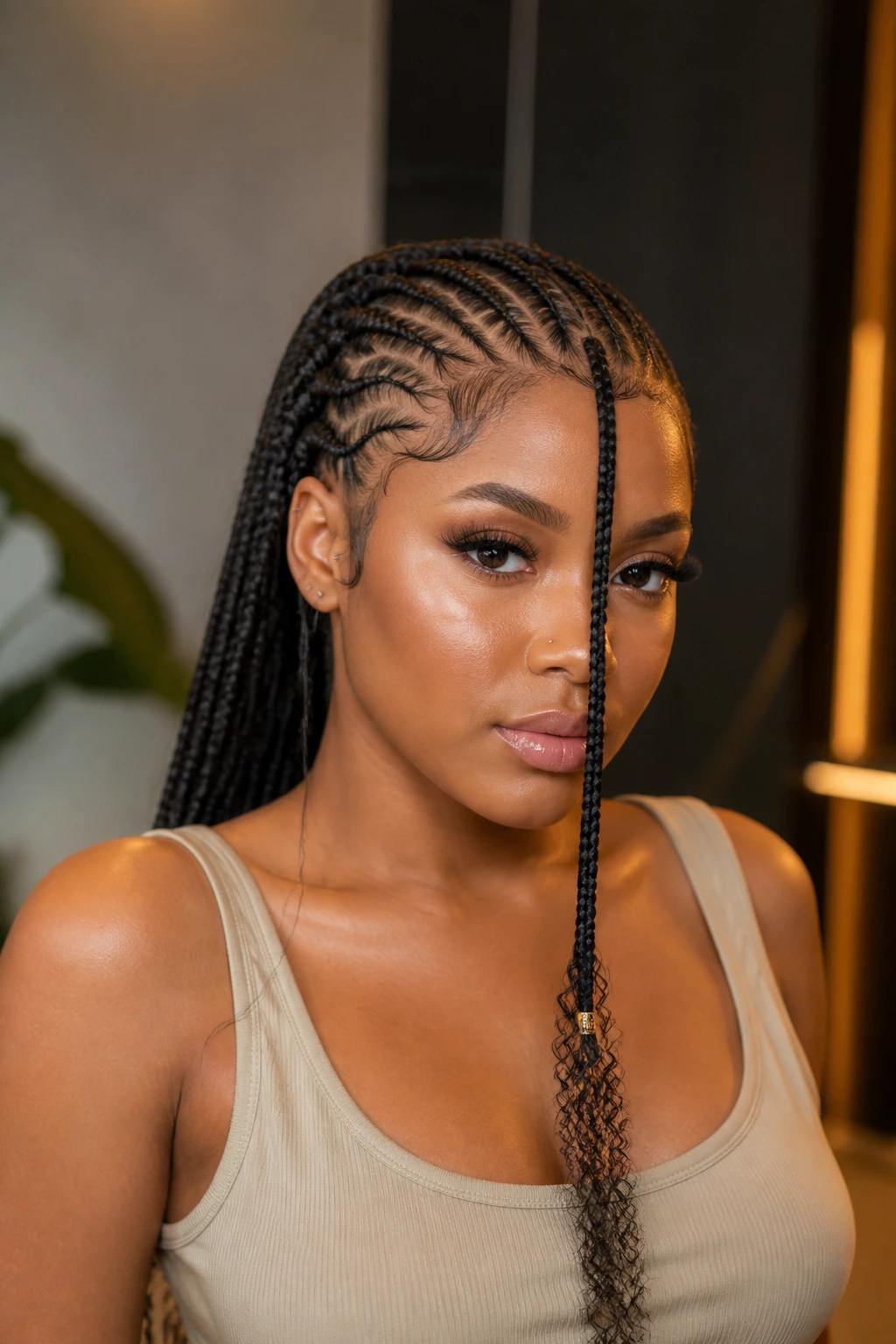 Real woman with Fulani braids and long center tail