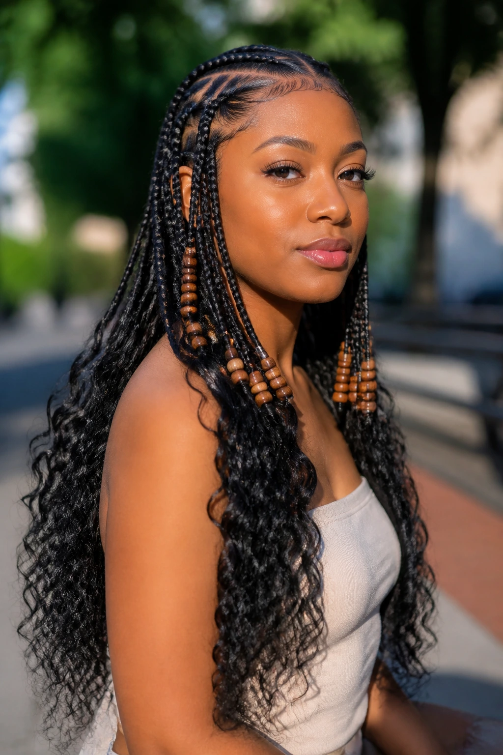 Medium close-up of a real person with Fulani braids and curly ends.