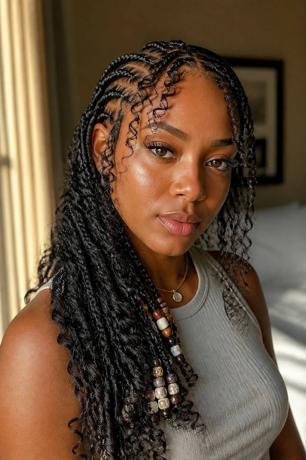 Close-up of a woman with Fulani braids and a loose curl fringe