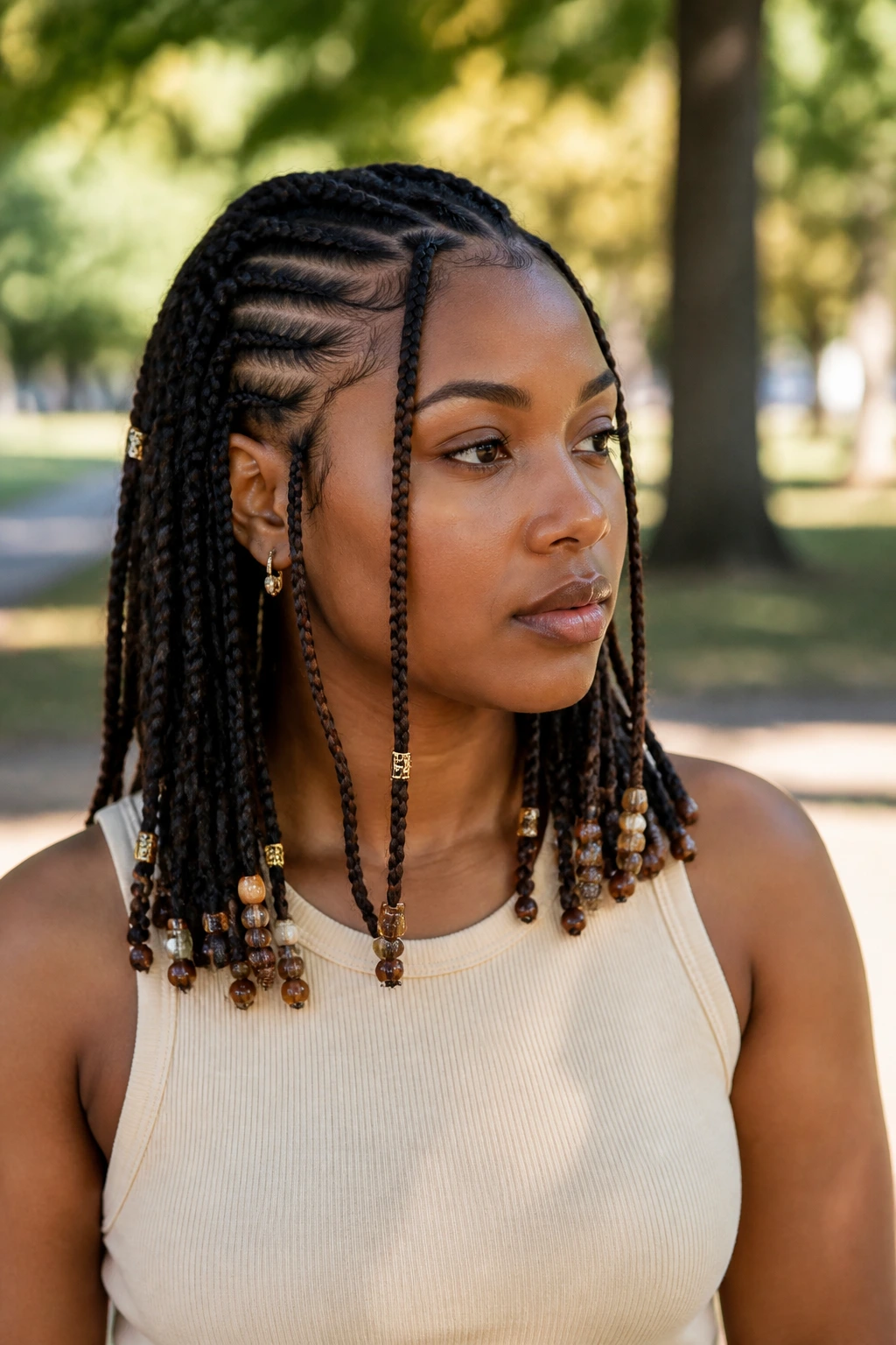 Medium close-up of a real woman with shoulder-length Fulani braids and side cornrows.