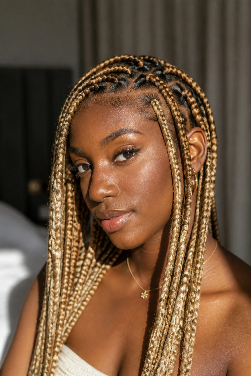 Real person wearing sunlit blonde Fulani braids.