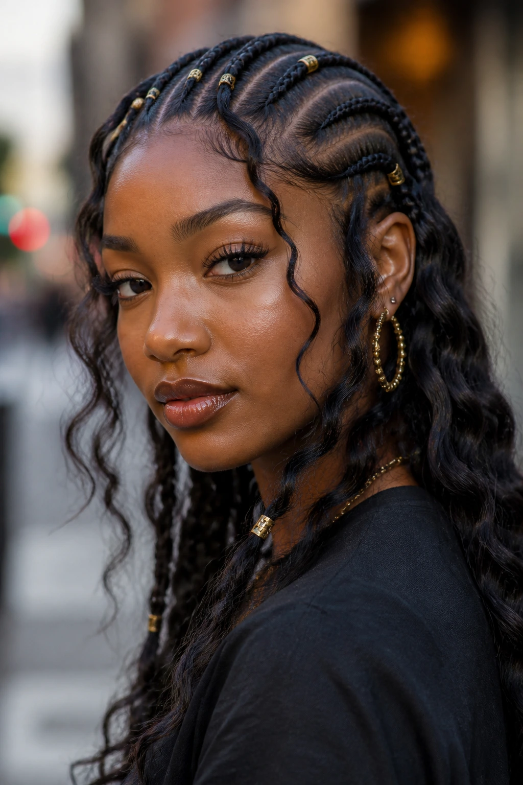 Close-up portrait of a real person with Fulani braids and wavy sides
