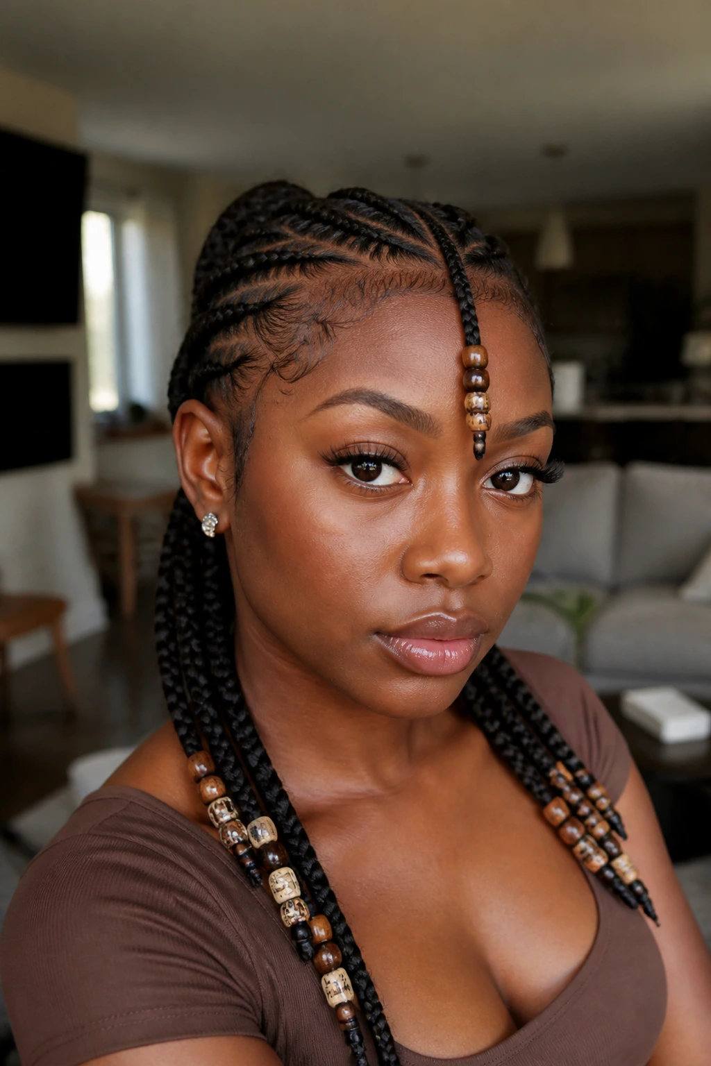 Close-up portrait of a woman with fulani-inspired pigtail braids with beads