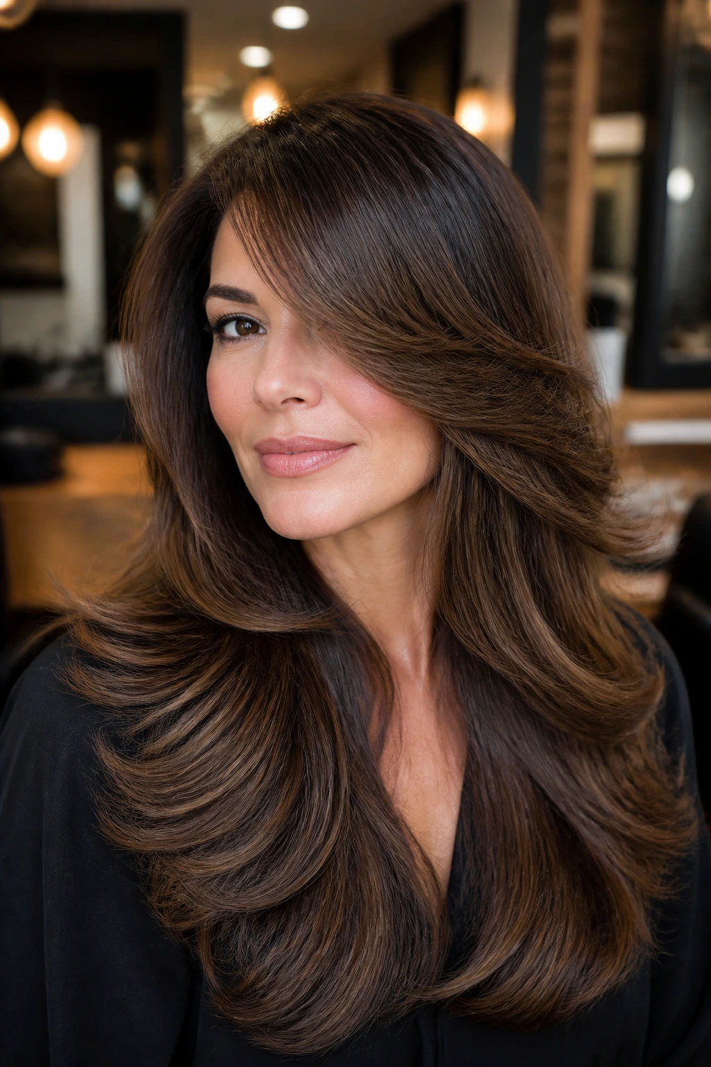 Close-up of a real woman with thick hair styled in full blowout layers.