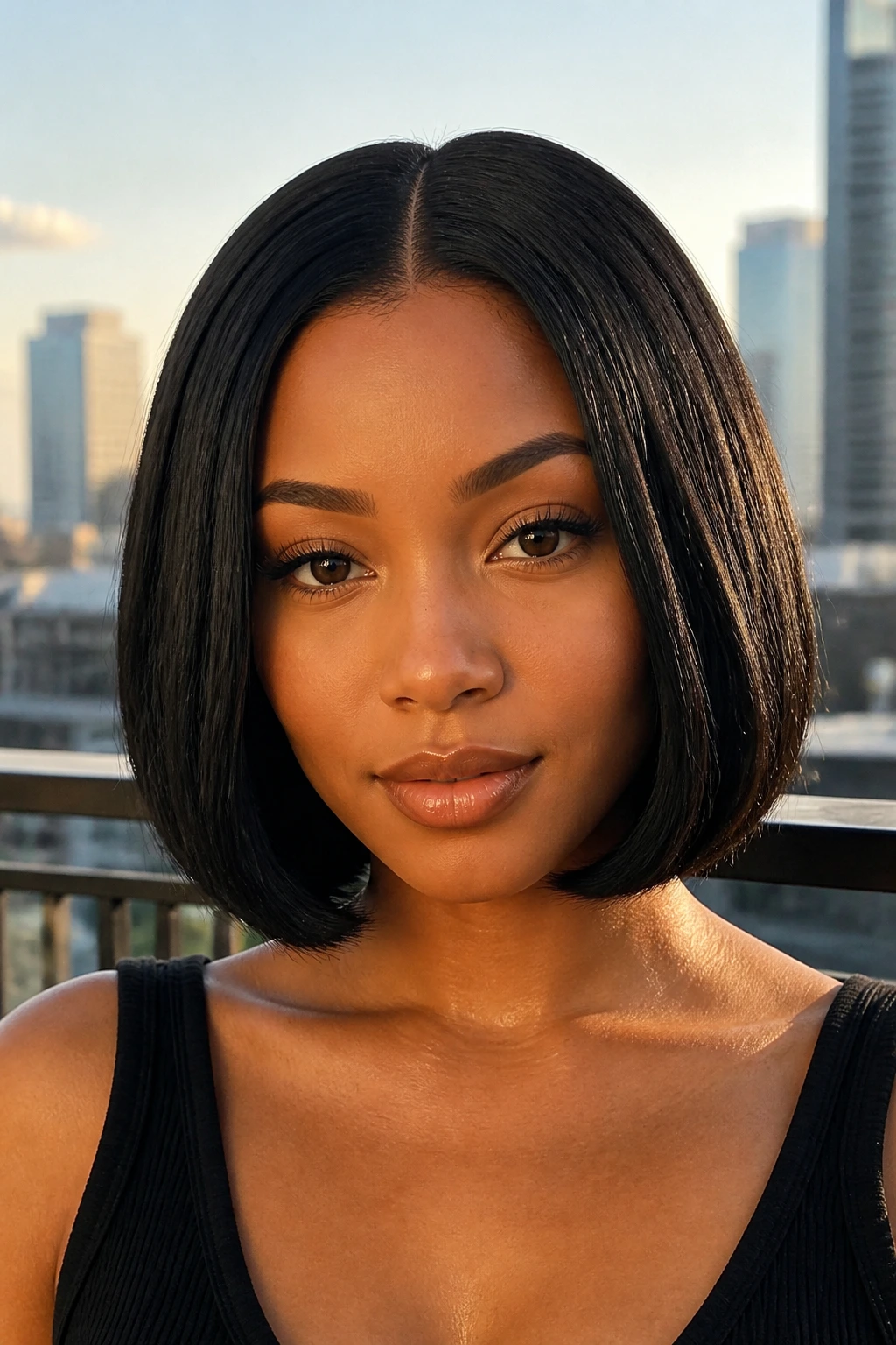 Close-up of a real woman with a full, dense-perimeter black bob and a clean bottom edge