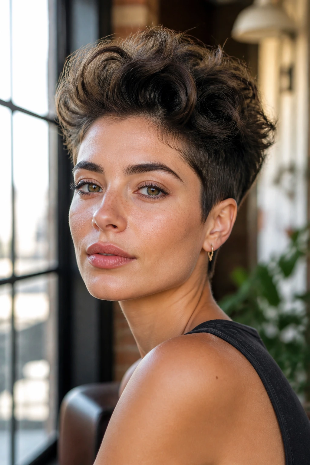 Portrait of a real woman with full-crown volume pixie and lifted top.