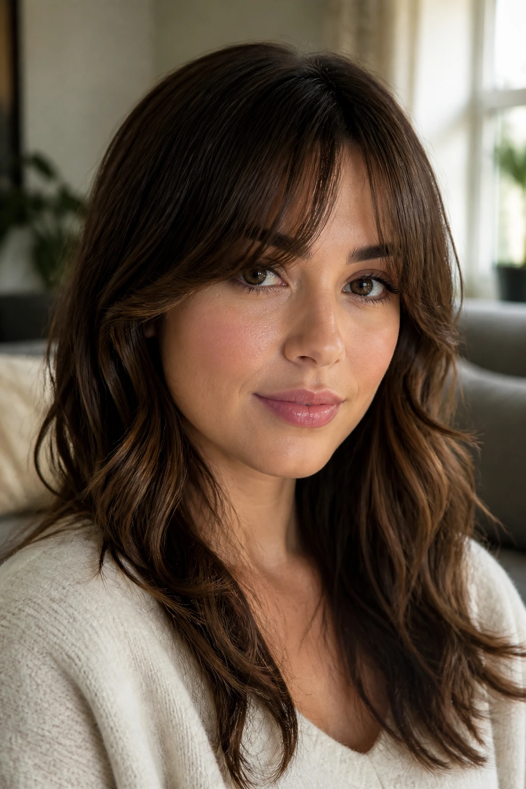 Real woman wearing full curtain bangs with a narrow center opening, soft face framing