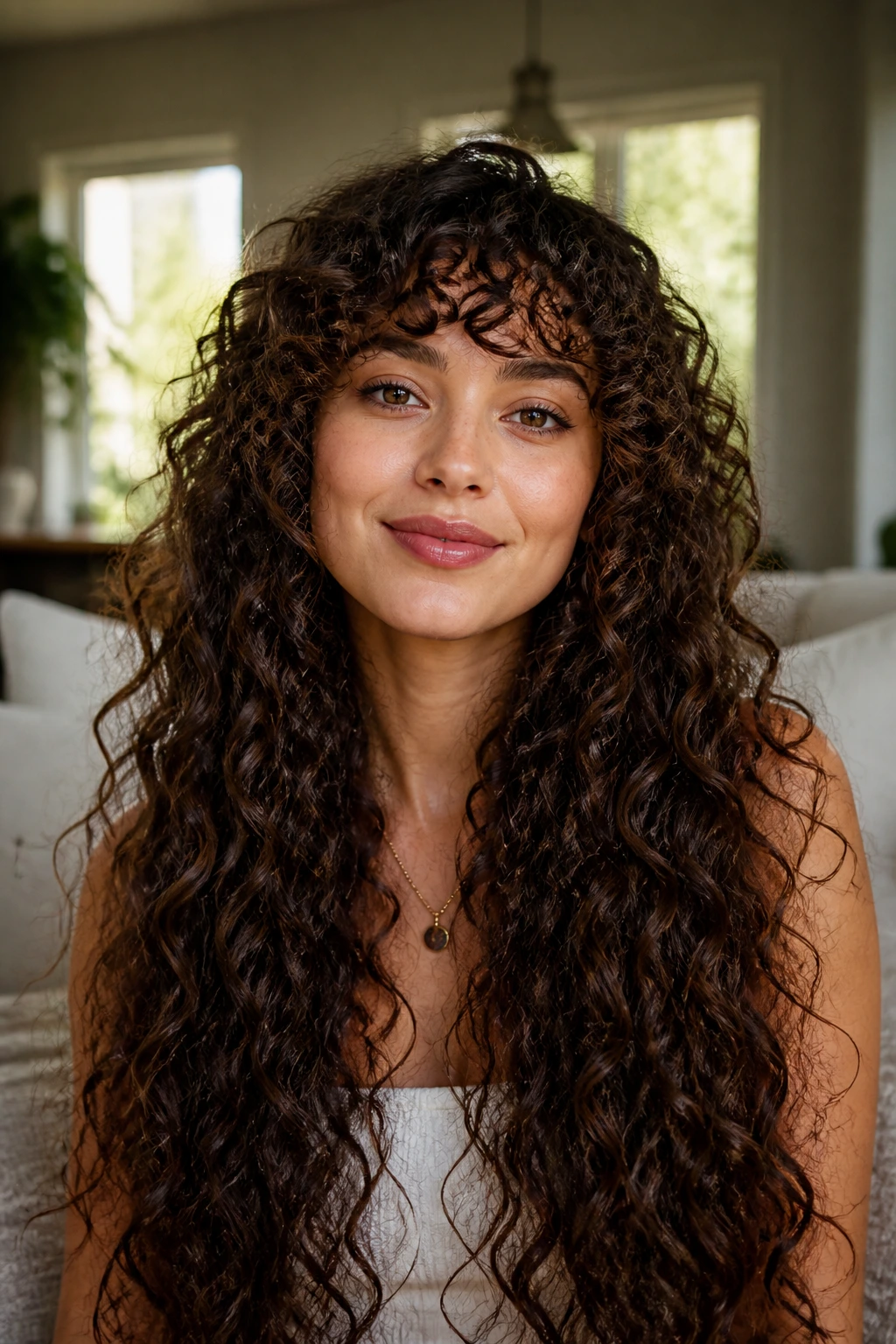 Front-facing portrait of a real woman with a full curly fringe and long curls