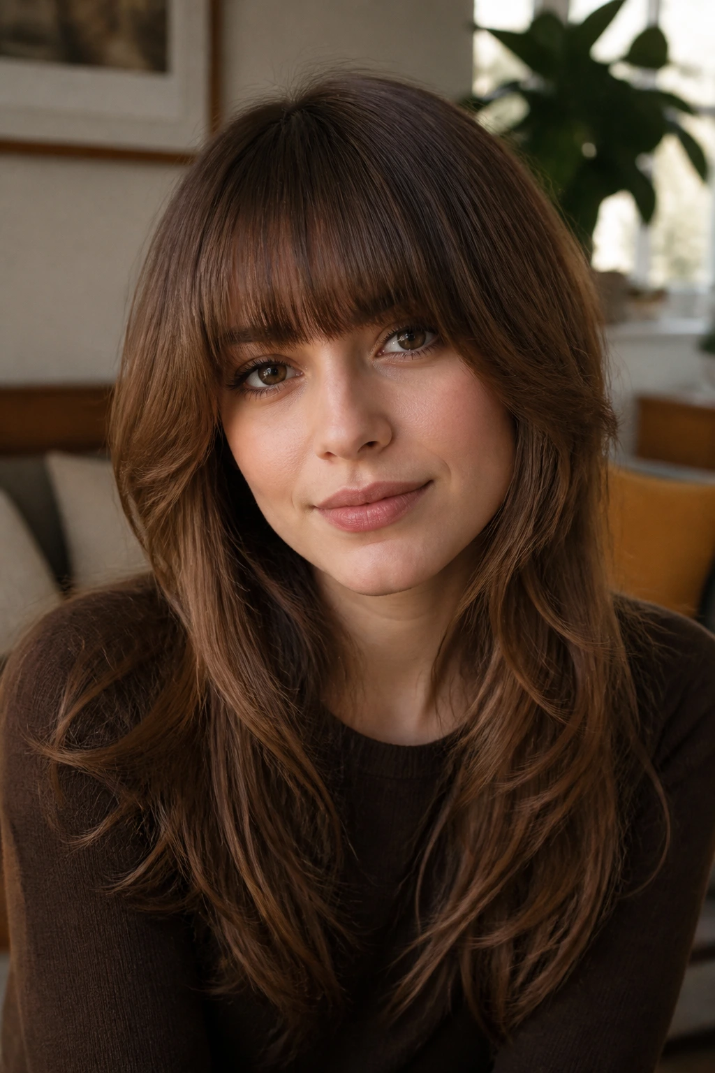 Close-up portrait of a real woman with full fringe and feathered sides