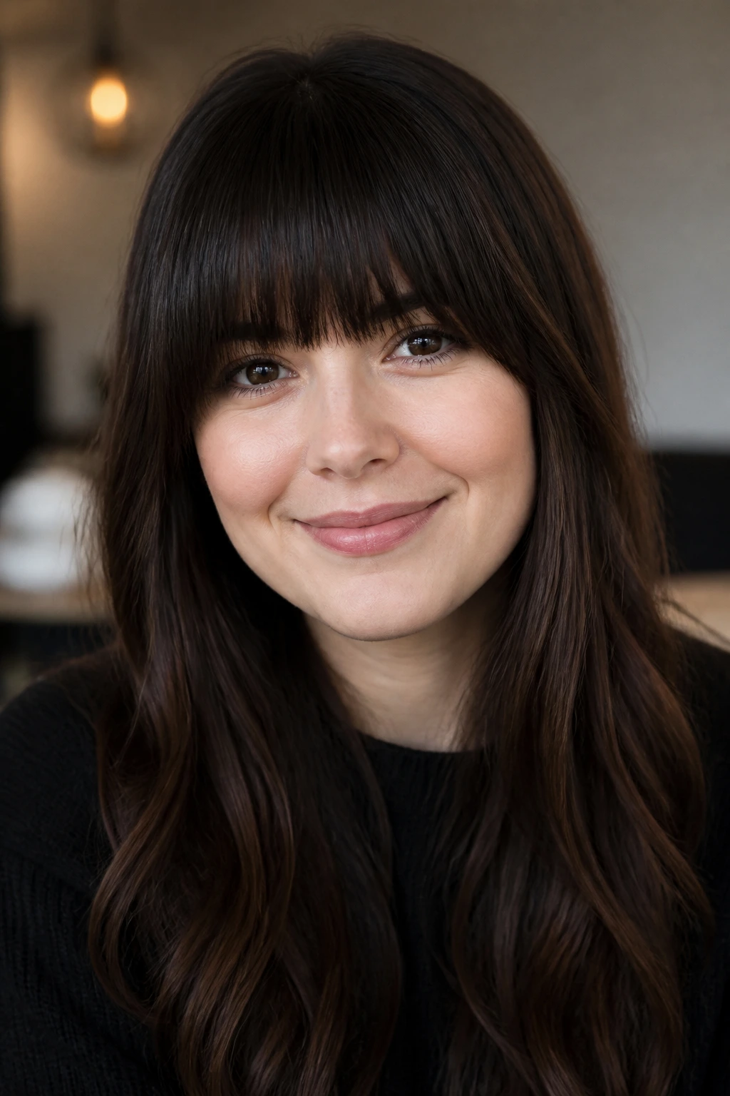 Close-up of a person with a dense full fringe on a round face in warm indoor light