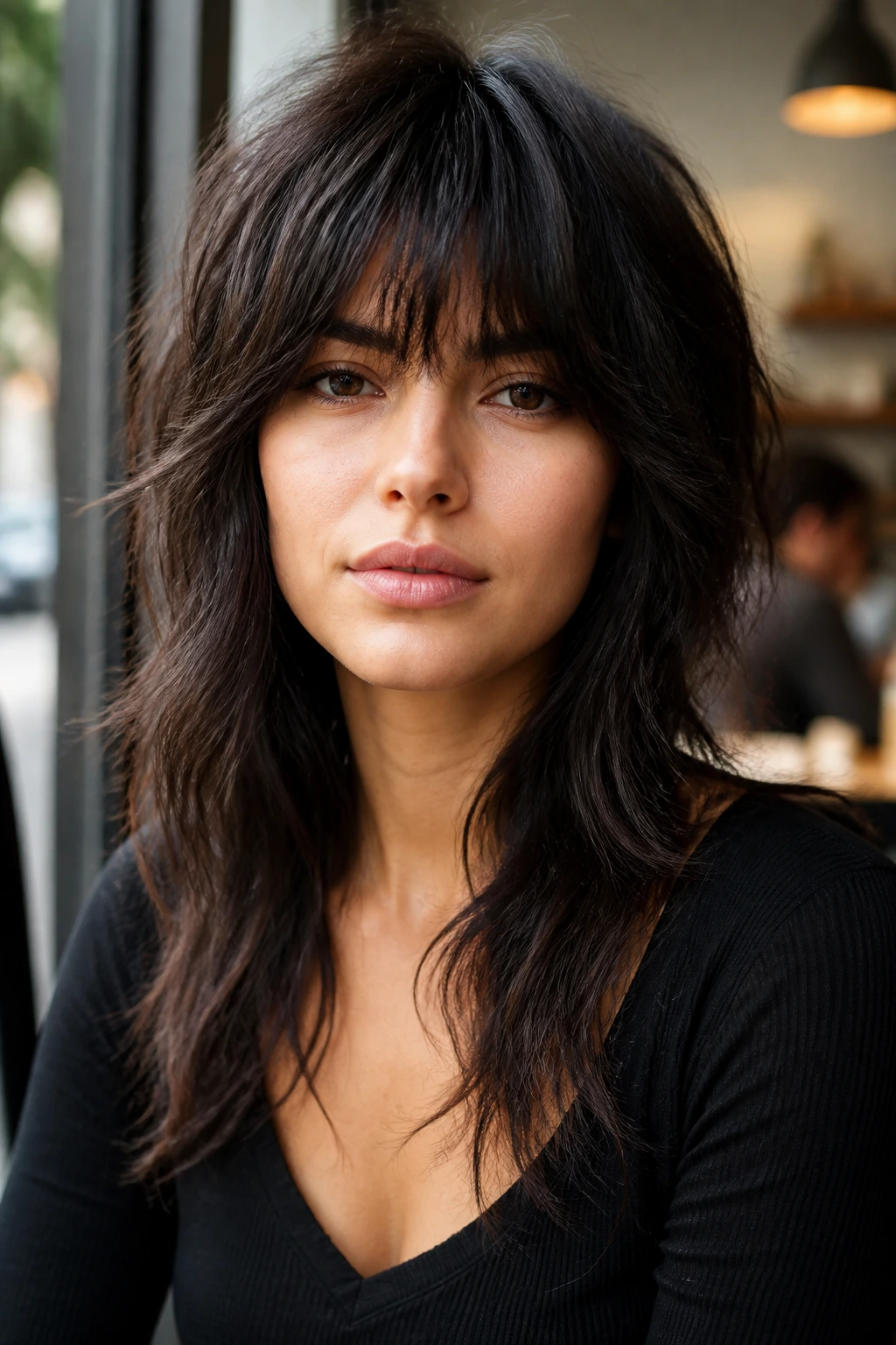 Close-up portrait of a real woman with full fringe shag hairstyle