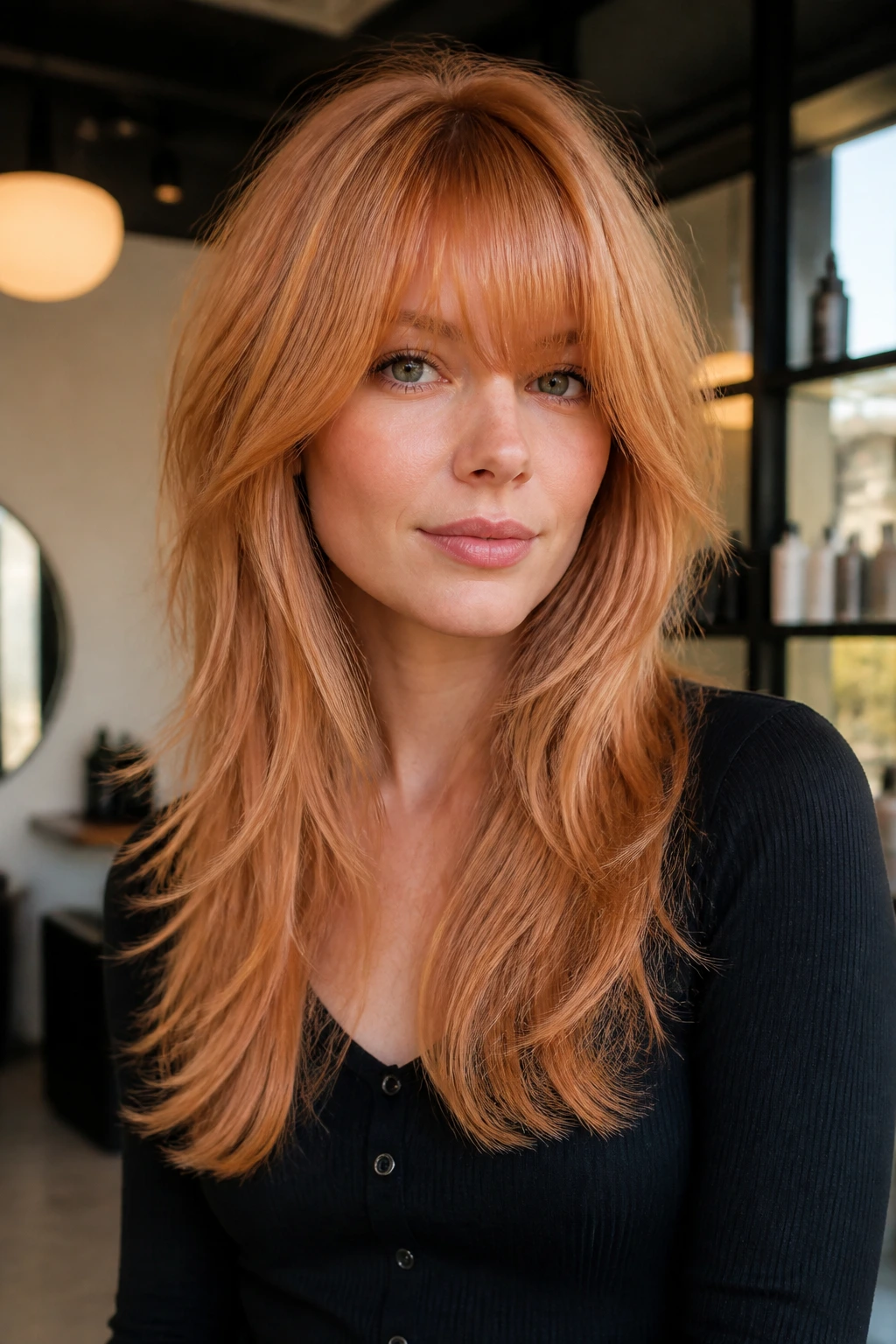 Full fringe shag with polished ends on a real woman in salon light