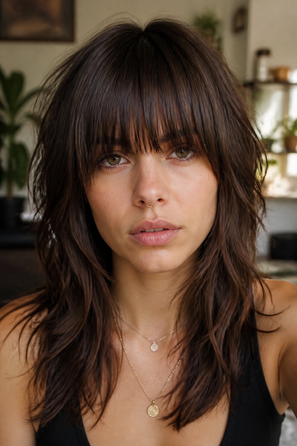 Close-up of a real person wearing a thick blunt fringe with face-framing layers.