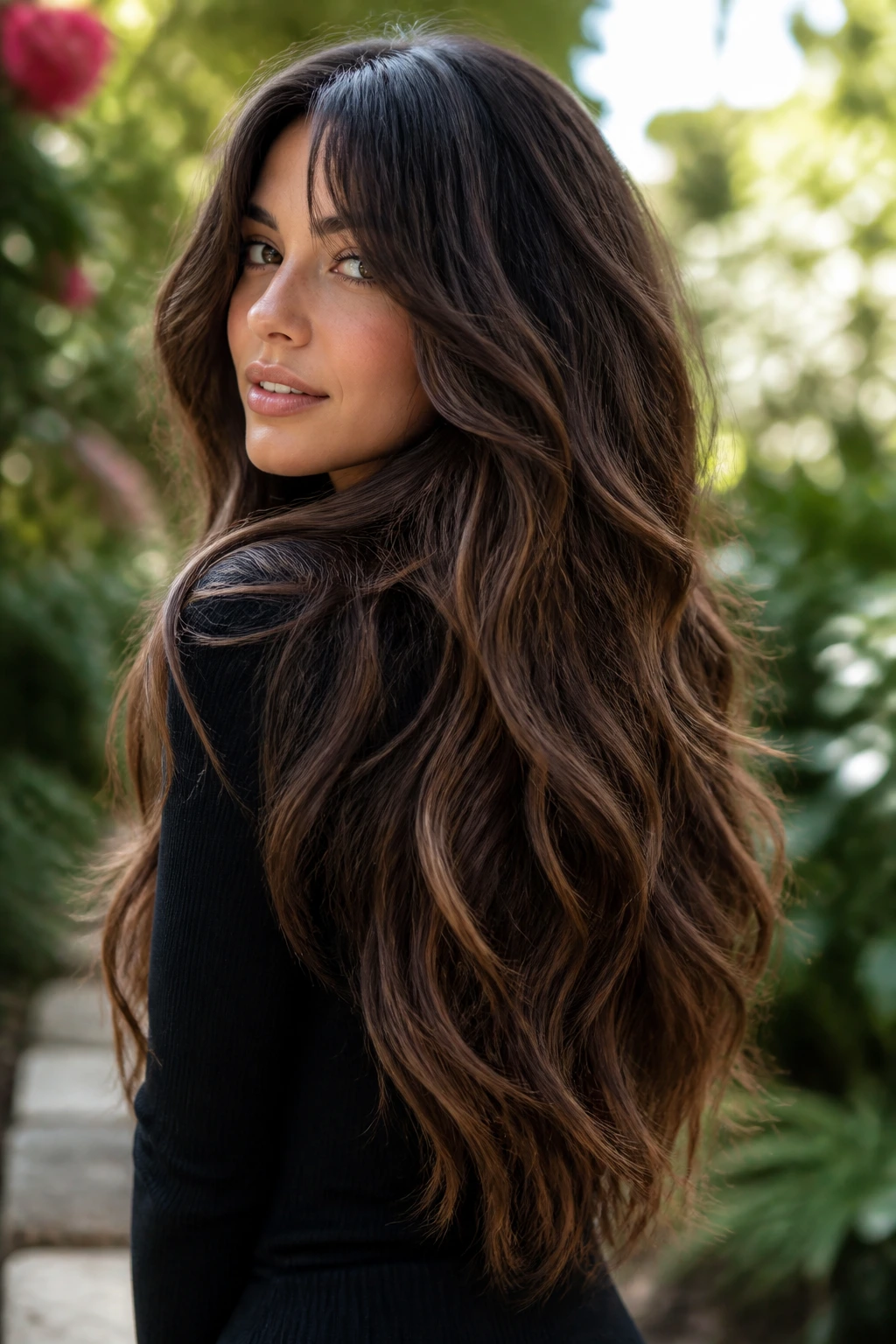 Close-up of a real woman with full-length shag and seamless brunette gradient.