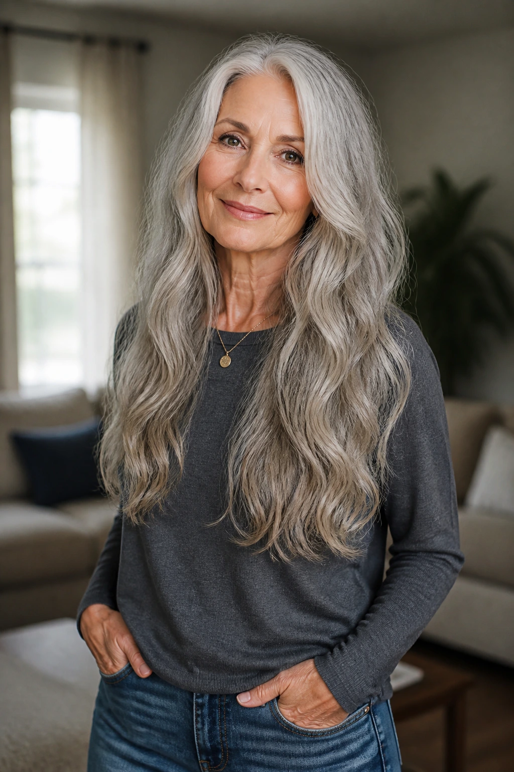 Portrait of a real woman with long waves and trimmed ends