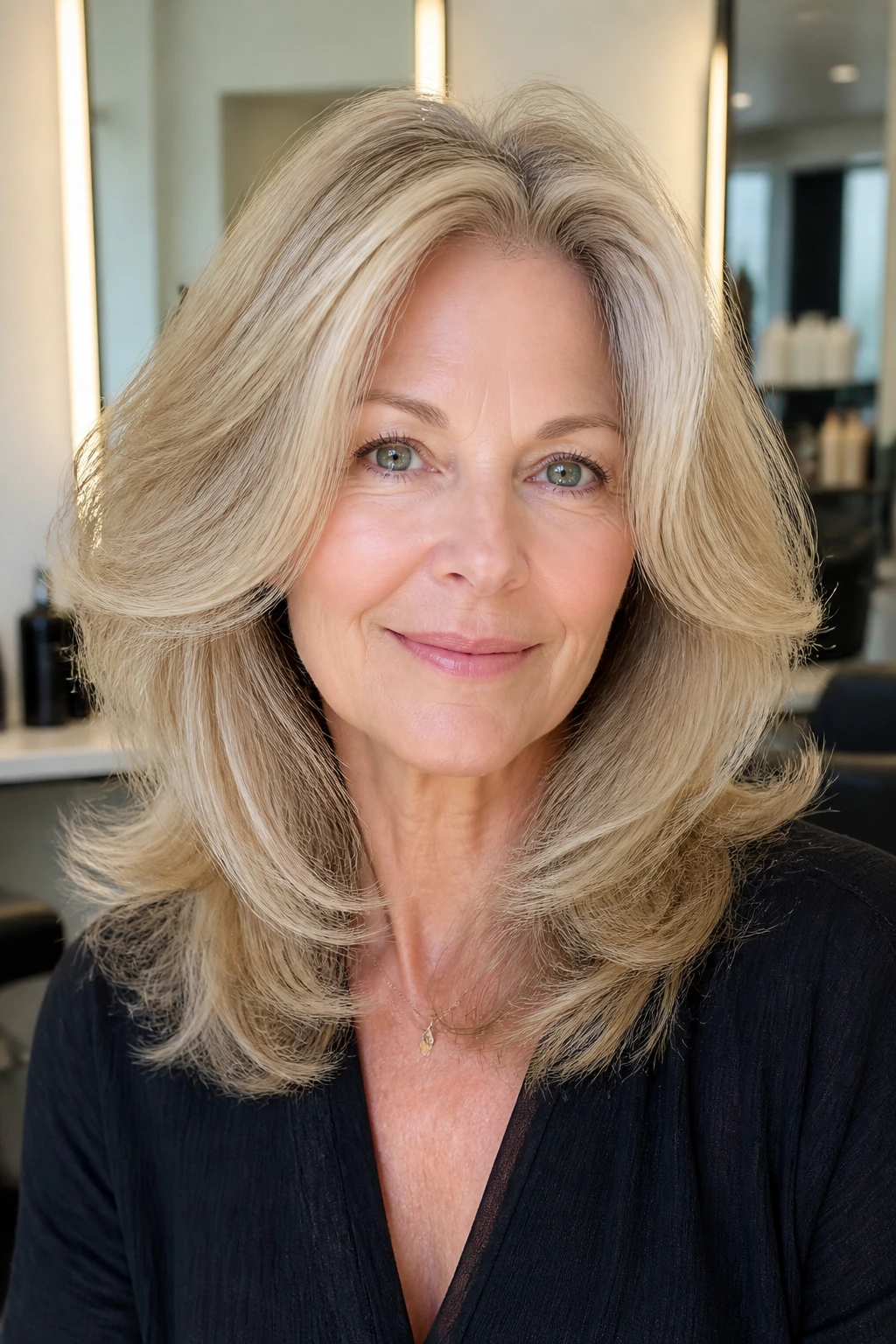 Real woman with full-volume blowout layers, crown lift, soft, bouncy hair.