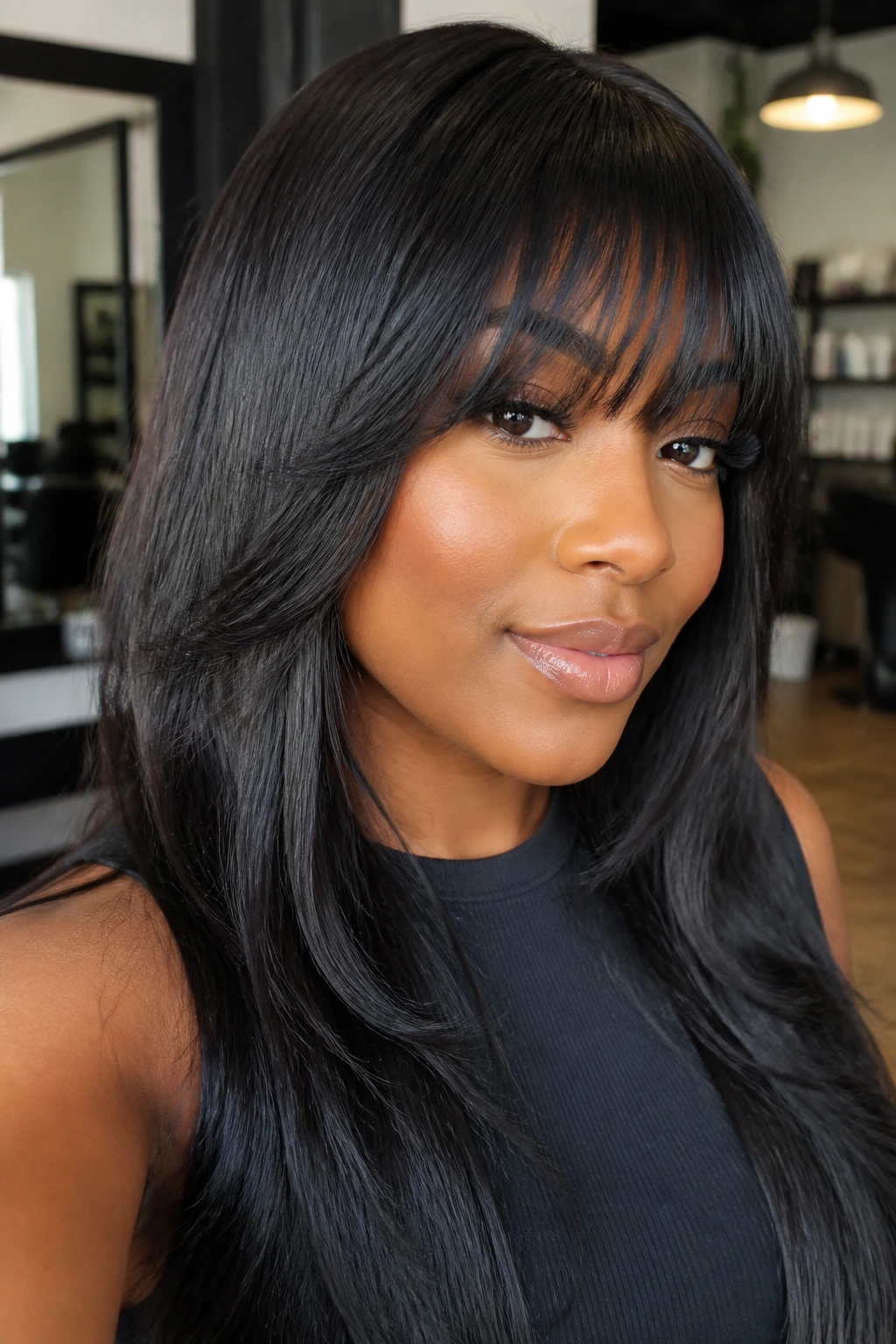 Portrait of a woman with bangs created by a full weave without leave out.