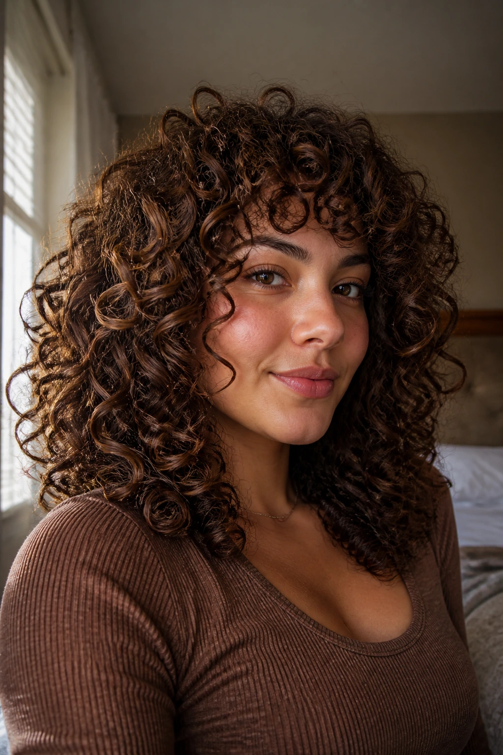 Close-up portrait of a real woman with voluminous curly hair showing fuller silhouette