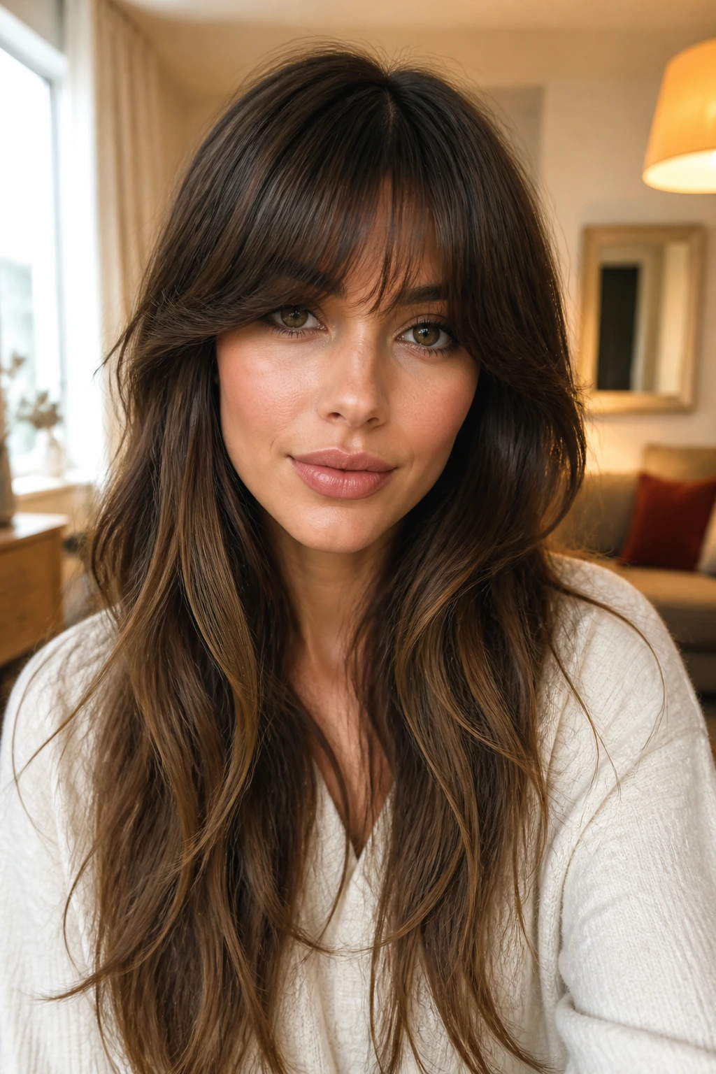 Close-up portrait with a fuller curtain fringe for a tall forehead.