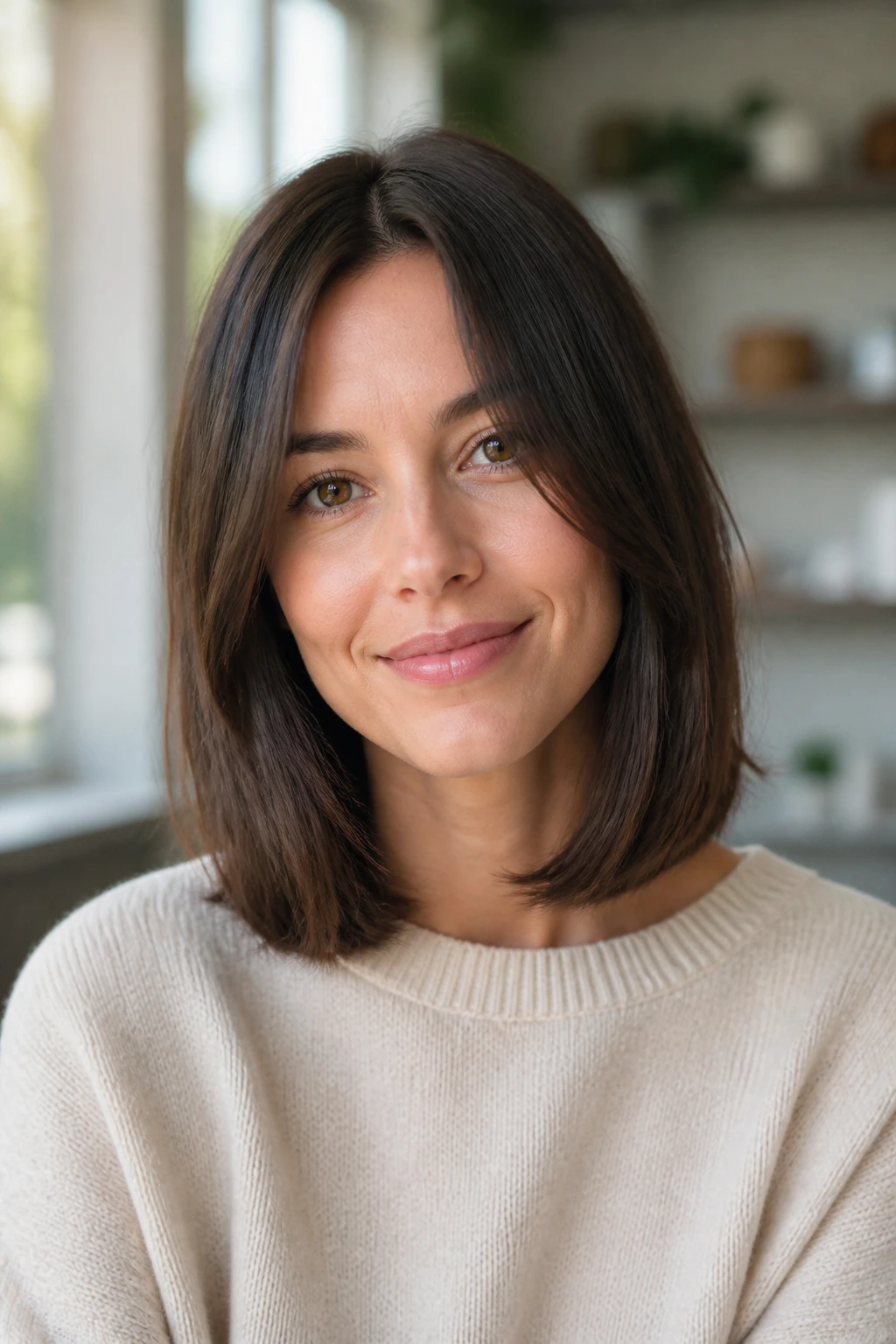 Close-up portrait of a woman with fuller-looking medium-length hair and dense ends