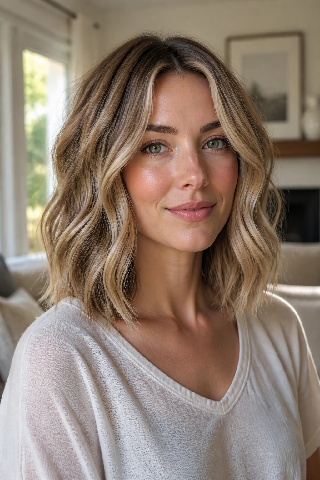 Close-up of a real woman showing a fuller medium-length lob with beachy waves and dense ends.