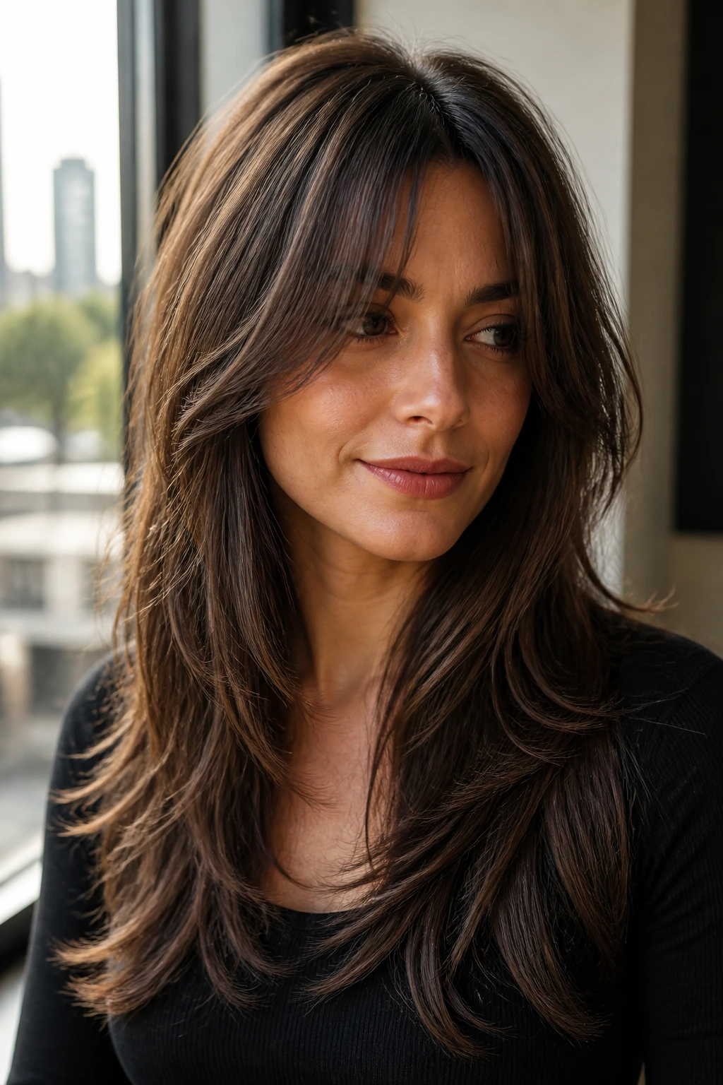 Portrait of a woman with long layers and fuller crown maintaining length