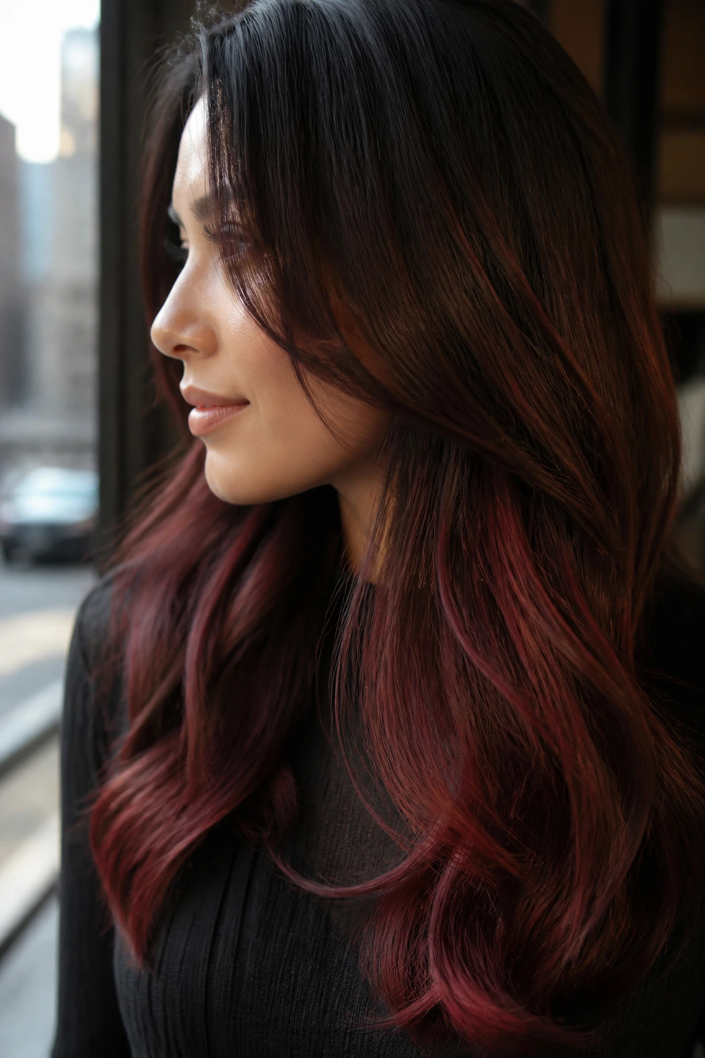 Portrait of brunette with garnet mid-sections